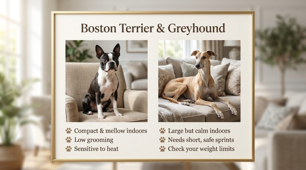 Boston Terrier and Greyhound relaxing in a living room