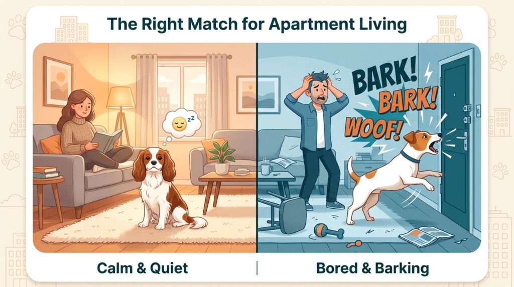 Calm Cavalier King Charles Spaniel next to a barking Jack Russell Terrier in an apartment