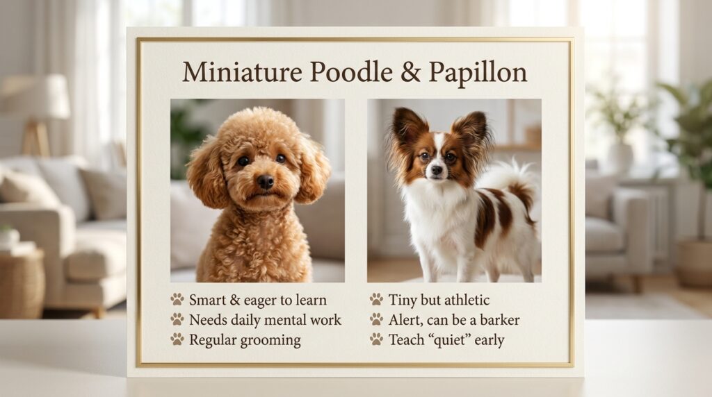 Miniature Poodle and Papillon sitting side by side